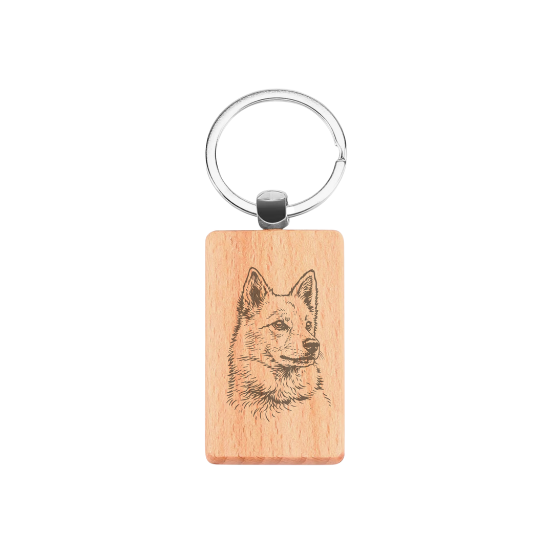 Finnish Spitz Face Engraved Rectangle Wooden Keyring
