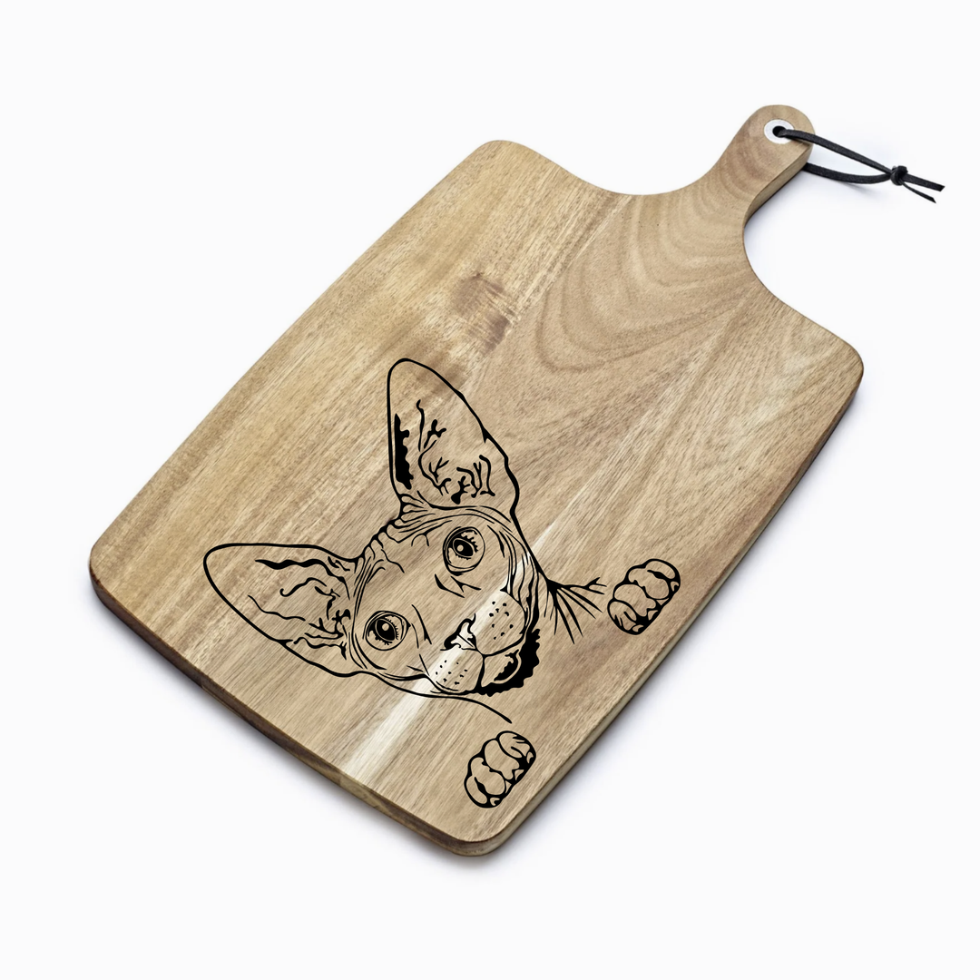 Personalised Sphynx Cat Face & Paws Engraved Acacia Serving Board