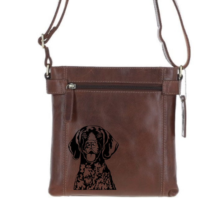 German Shorthaired Pointer Engraved Leather Two Section Zip Top Crossbody Bag
