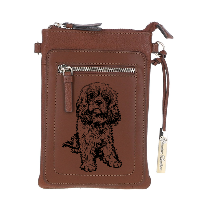 Personalised R Cavalier King Charles Spaniel Sitting Engraved Leather Crossbody Smart Phone Bag