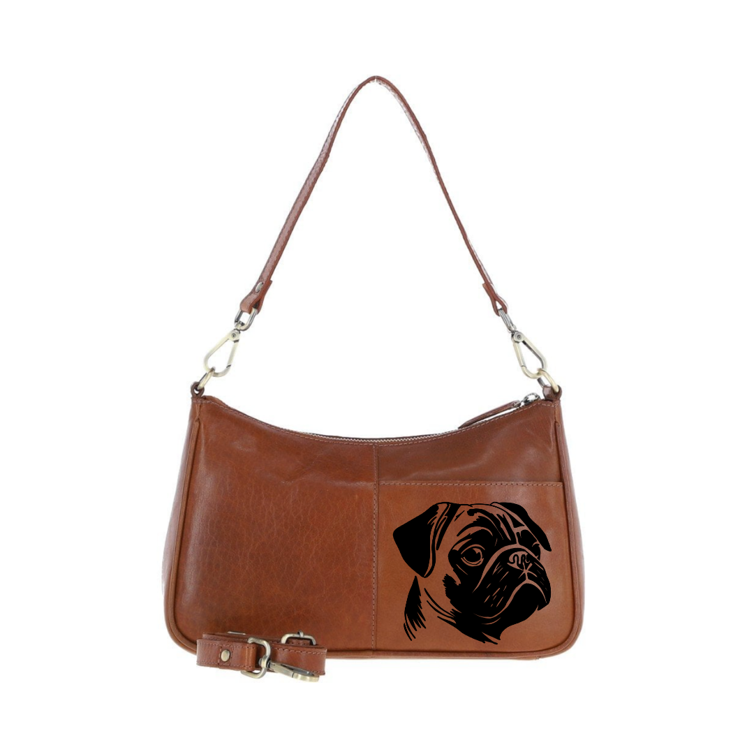 Pug Face Engraved Genuine Leather Shoulder Bag