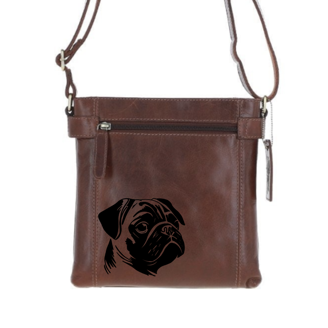 Pug Face Engraved Leather Two Section Zip Top Crossbody Bag
