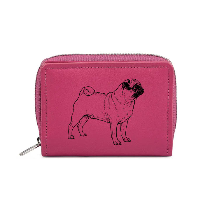 Pug Standing Engraved Small Leather Purse (Green/Pink/Blue/Red)