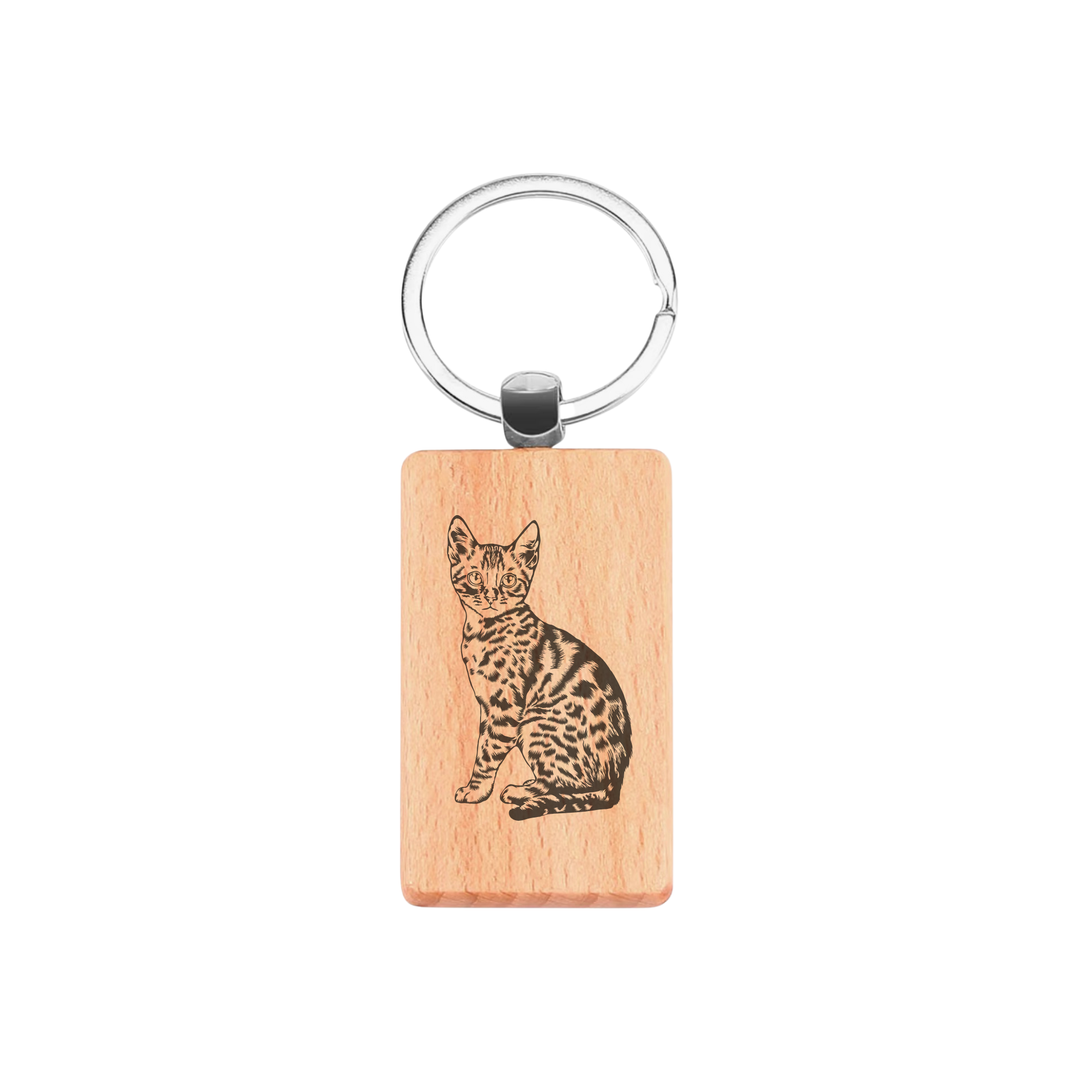 Bengal Cat Engraved Rectangle Wooden Keyring