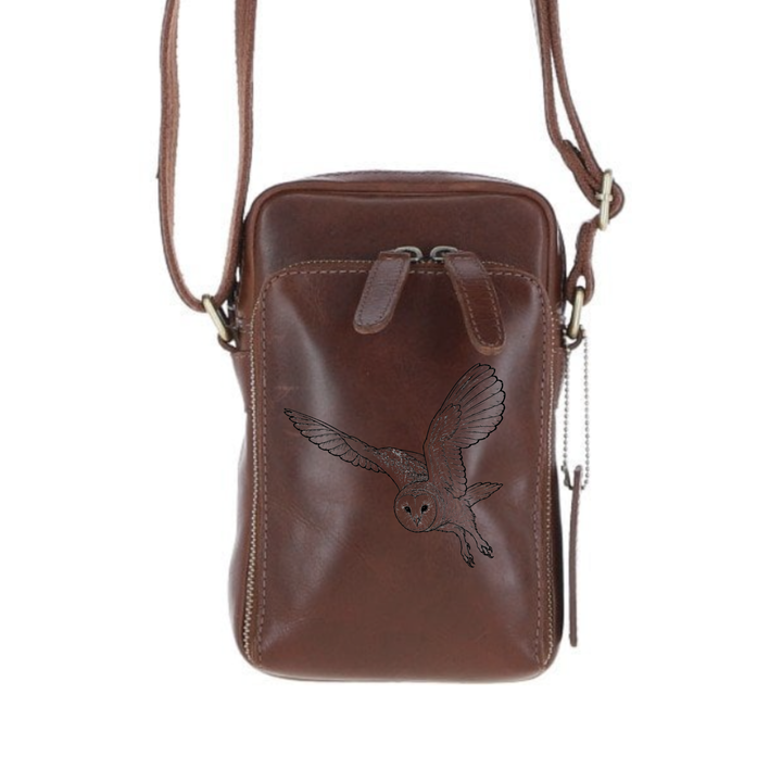Personalised Flying Barn Owl Leather Compact Crossbody Bag