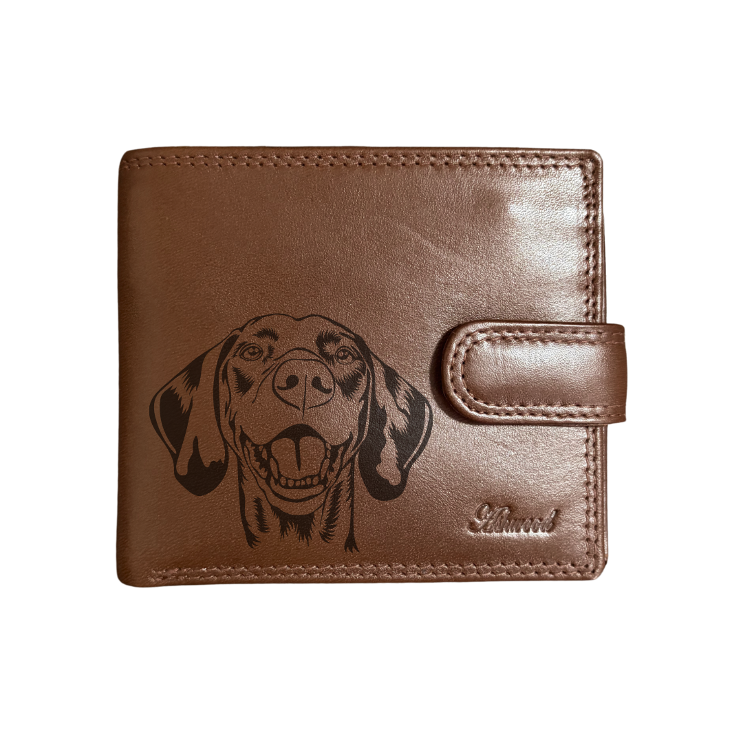 Personalised Hungarian Vizsla Face Engraved Dark Tan Genuine Leather Wallet
