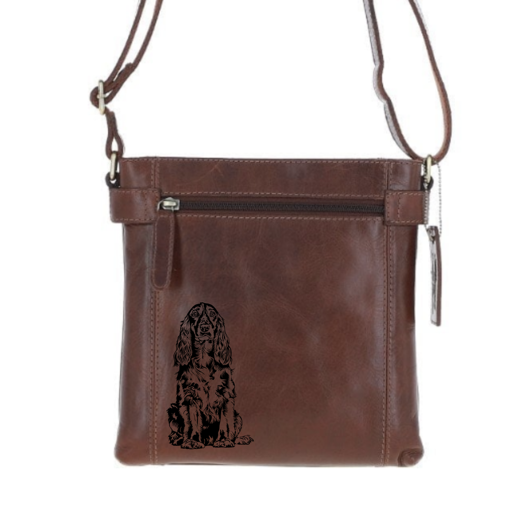 Field Spaniel Engraved Leather Two Section Zip Top Crossbody Bag