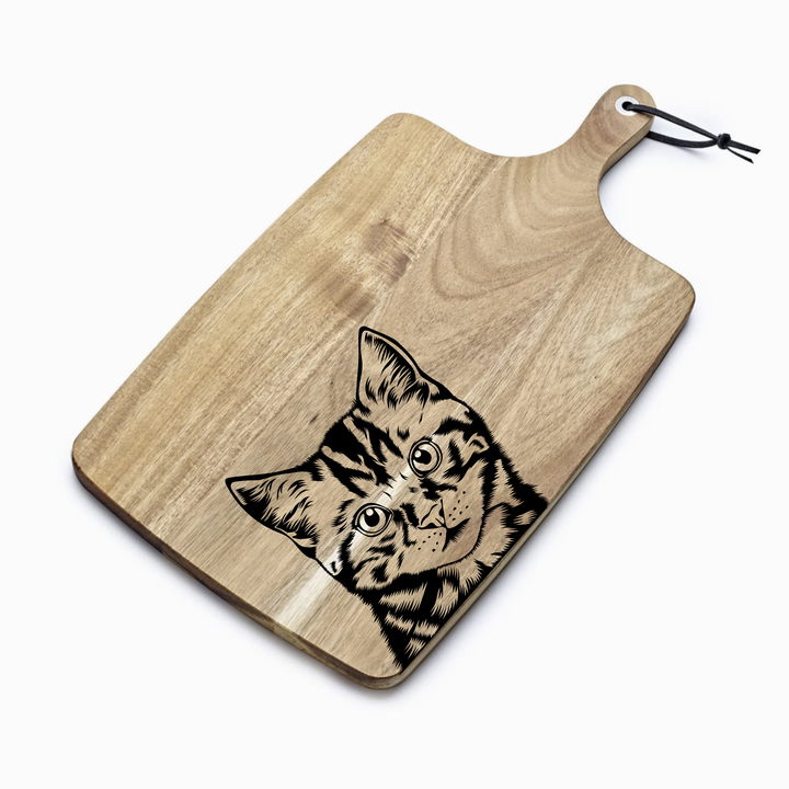 Personalised Tabby Cat Face Engraved Acacia Serving Board