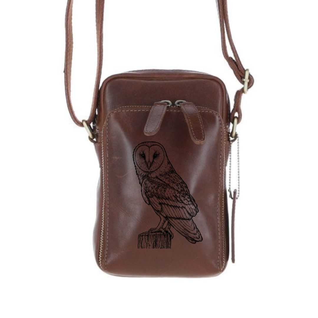 Personalised Barn Owl Leather Compact Crossbody Bag