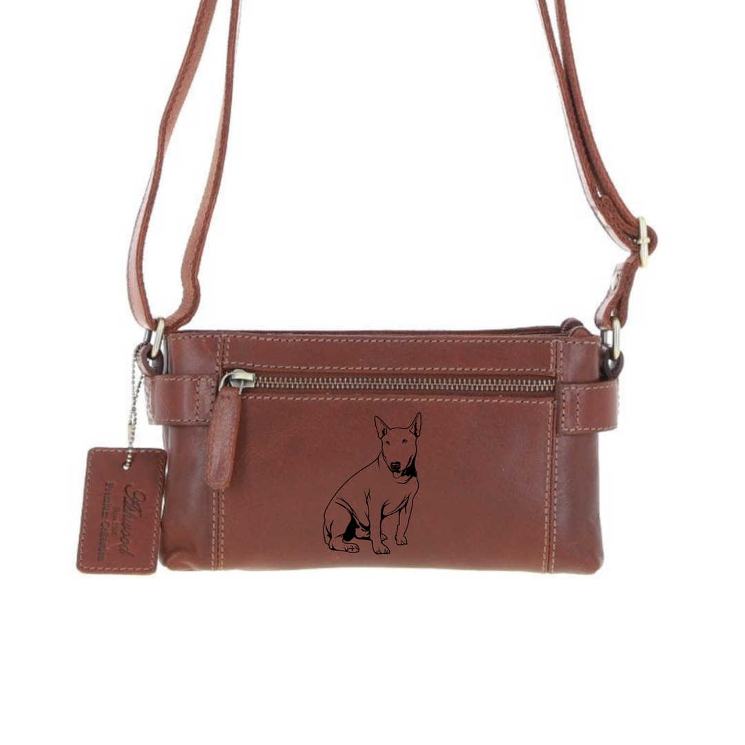 Personalised English Bull Terrier Sitting Engraved Small Leather Two Section Zip Top Crossbody Bag