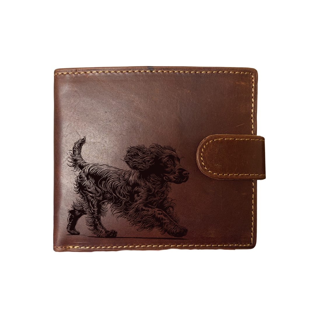 Personalised Spaniel Running Engraved Dark Tan Genuine Leather Wallet