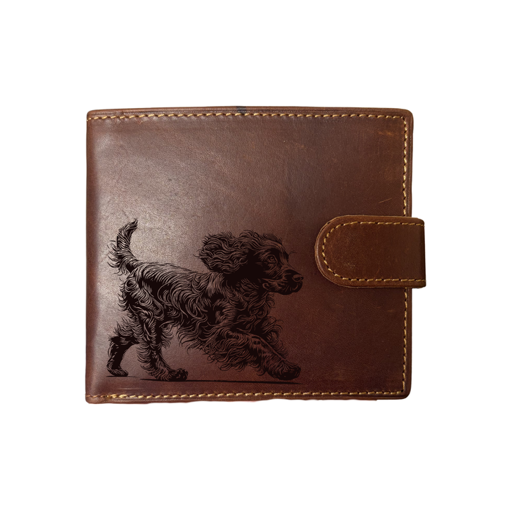 Personalised Spaniel Running Engraved Dark Tan Genuine Leather Wallet