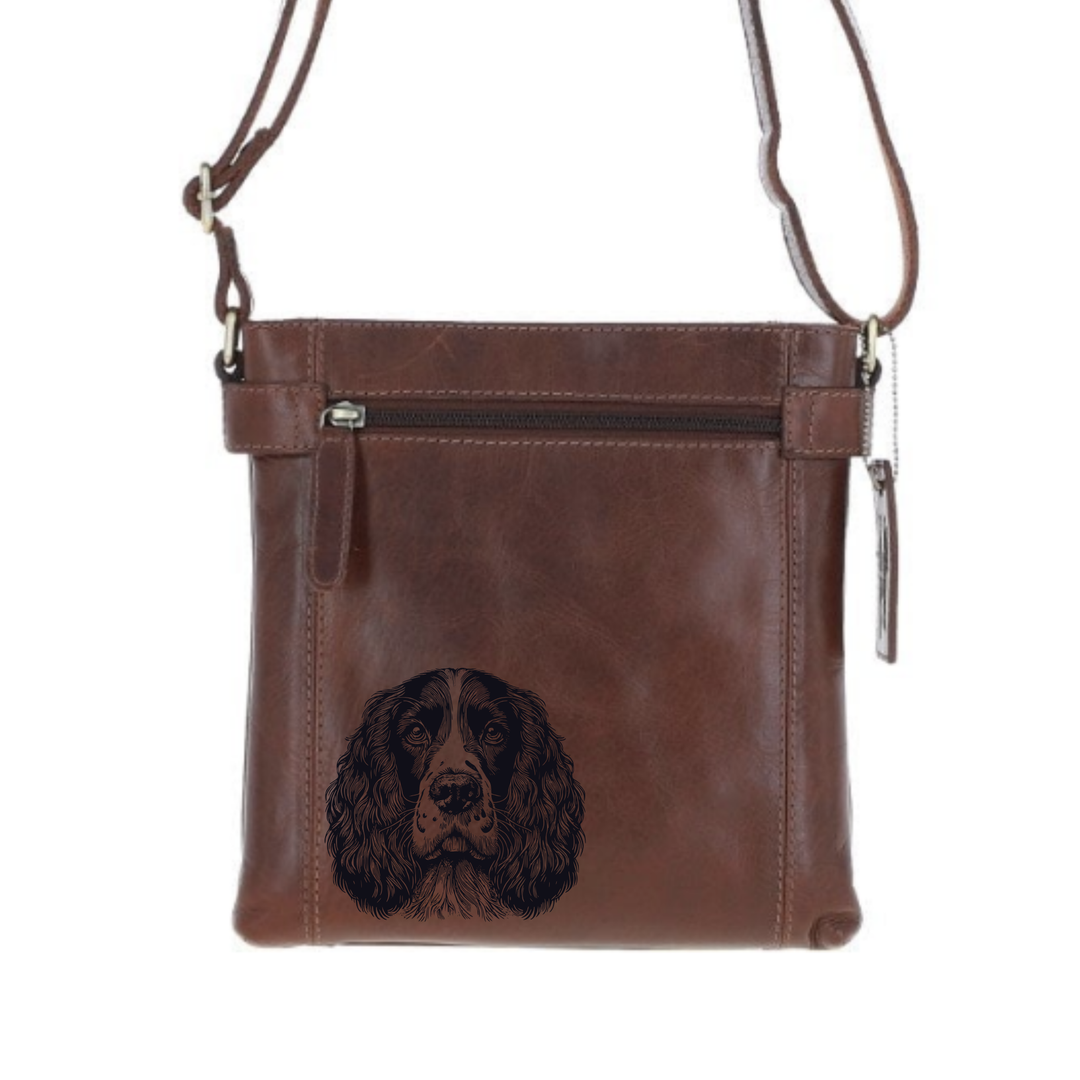 English Springer Spaniel Face Engraved Leather Two Section Zip Top Crossbody Bag
