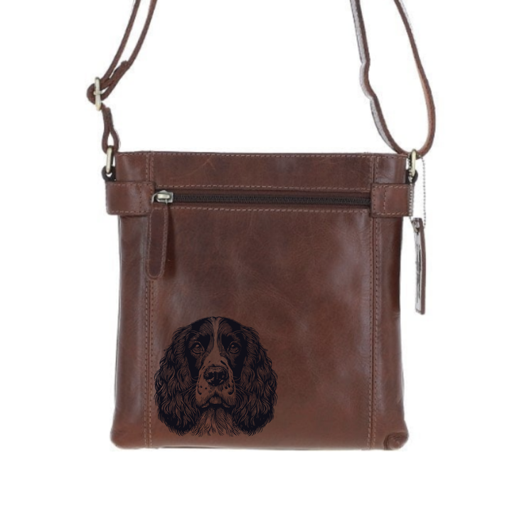 English Springer Spaniel Face Engraved Leather Two Section Zip Top Crossbody Bag