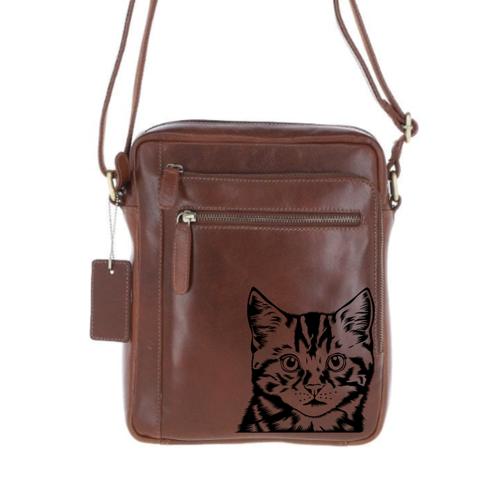 Personalised Tabby Cat Face Engraved Leather Crossbody Bag