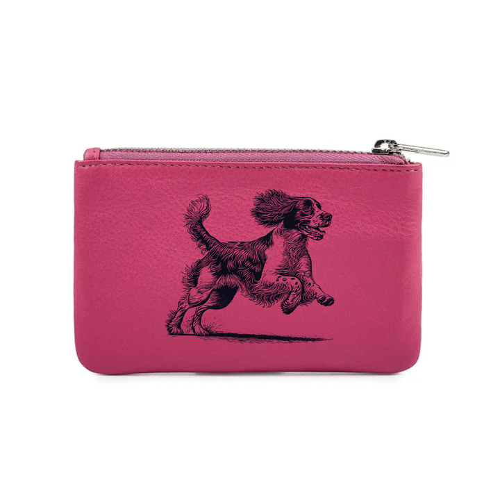 English Springer Spaniel Running Engraved Genuine Leather Coin Purse (Multiple Colour Options)