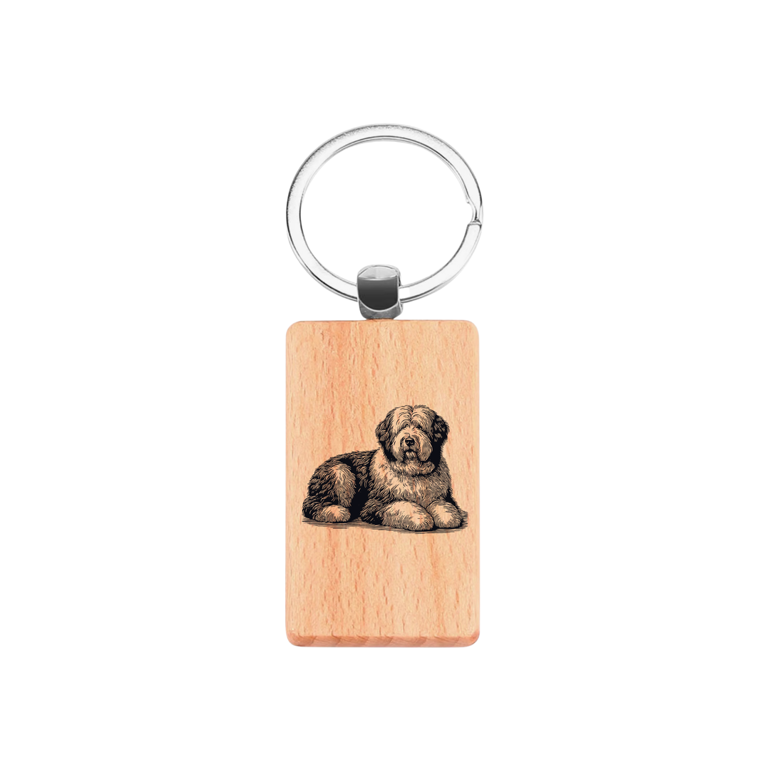 Old English Sheepdog Lying Down Engraved Rectangle Wooden Keyring