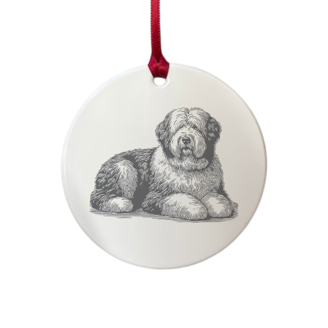 Personalised Old English Sheepdog Lying Down Engraved White Acrylic Decoration