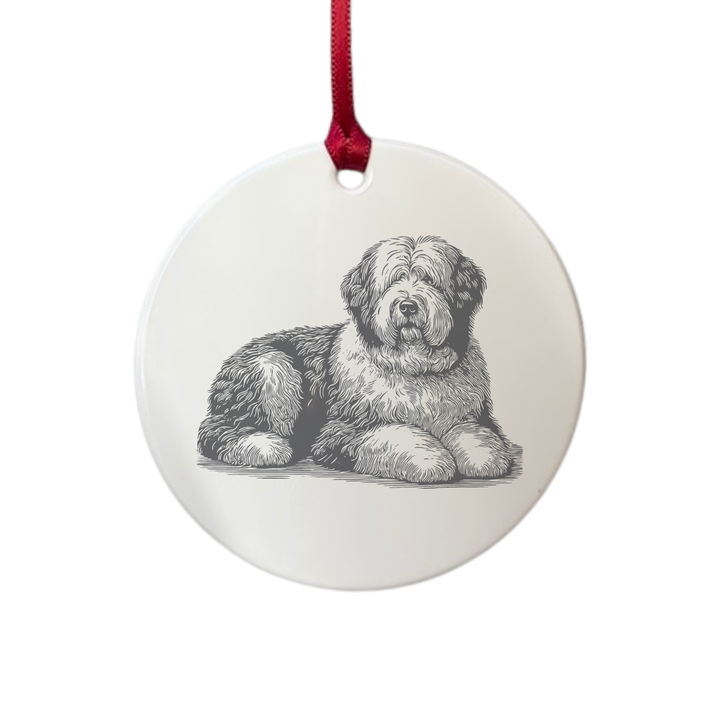 Personalised Old English Sheepdog Lying Down Engraved White Acrylic Decoration