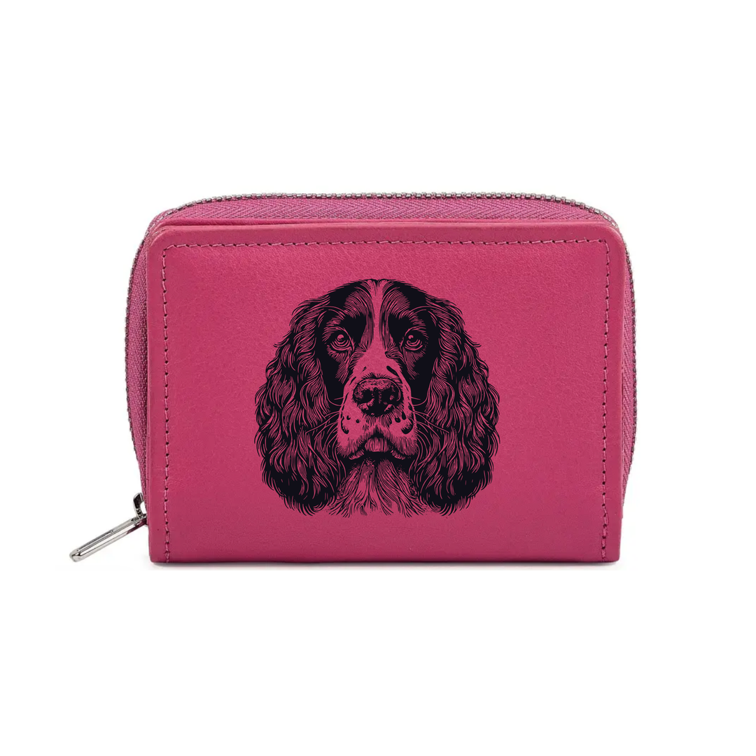 English Springer Spaniel Face Engraved Small Leather Purse (Green/Pink/Blue/Red)