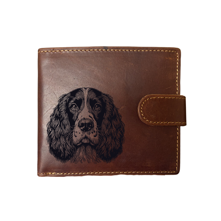 Personalised English Springer Spaniel Face Engraved Dark Tan Genuine Leather Wallet