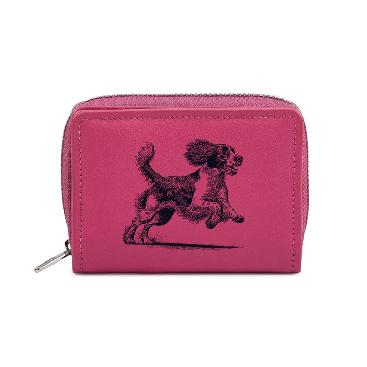 English Springer Spaniel Running Engraved Small Leather Purse (Green/Pink/Blue/Red)