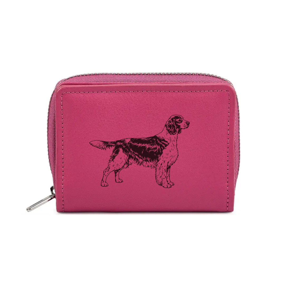 English Springer Spaniel Standing Engraved Small Leather Purse (Green/Pink/Blue/Red)