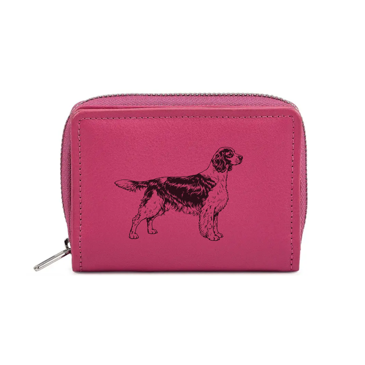 English Springer Spaniel Standing Engraved Small Leather Purse (Green/Pink/Blue/Red)