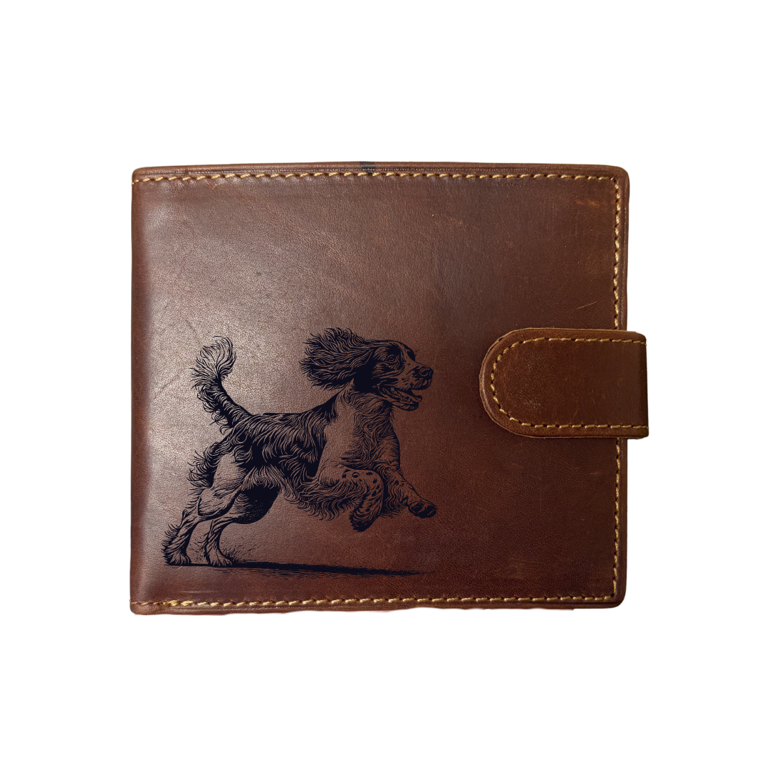 Personalised English Springer Spaniel Running Engraved Dark Tan Genuine Leather Wallet
