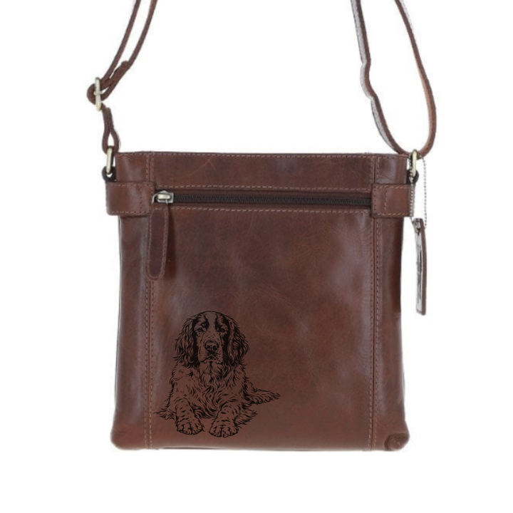 English Springer Spaniel Lying Down Engraved Leather Two Section Zip Top Crossbody Bag