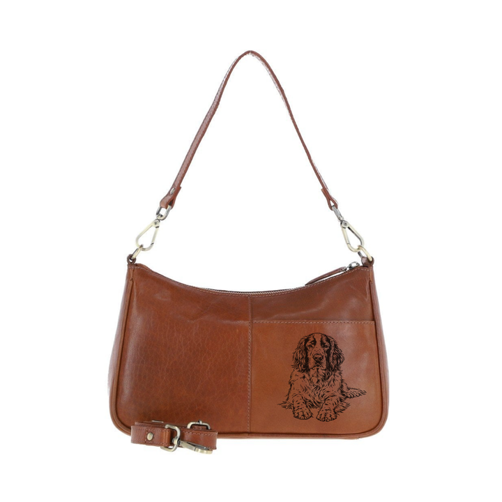 English Springer Spaniel Lying Down Engraved Genuine Leather Shoulder Bag