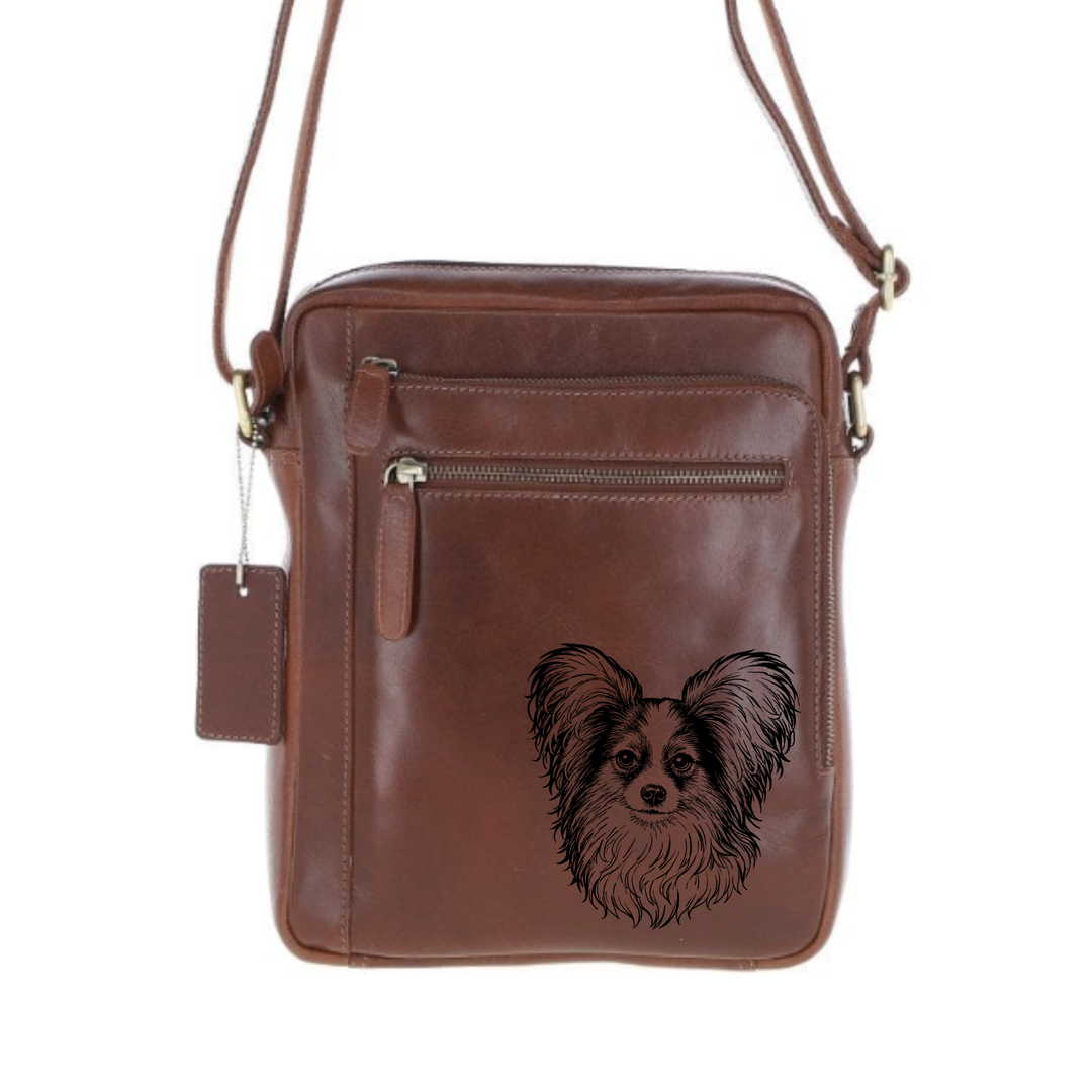 Personalised Papillon Face Engraved Leather Crossbody Bag