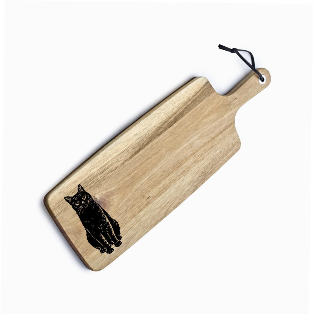 Personalised Black Cat Sitting Engraved Acacia Serving Board