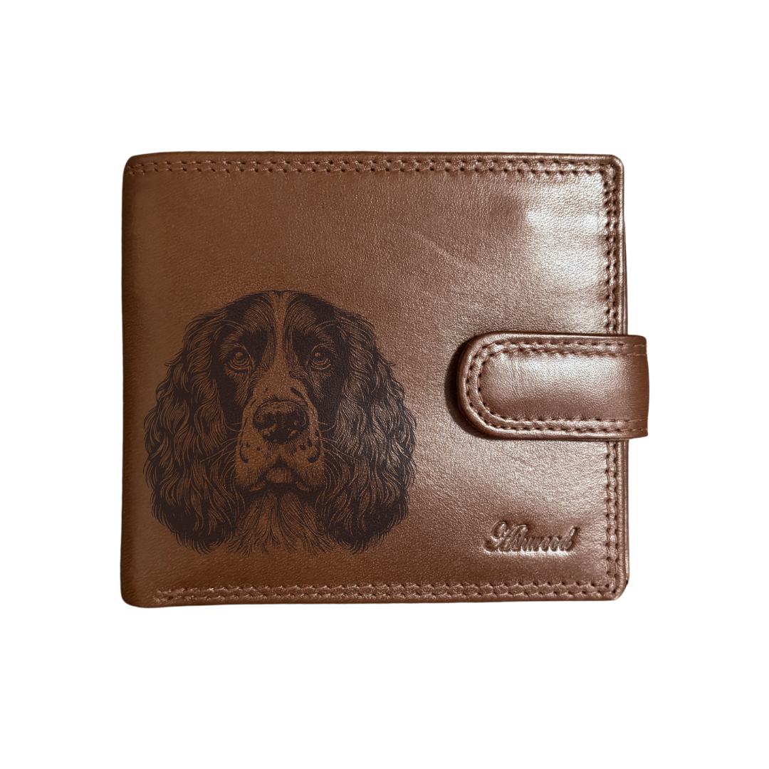 Personalised English Springer Spaniel Face Engraved Dark Tan Genuine Leather Wallet
