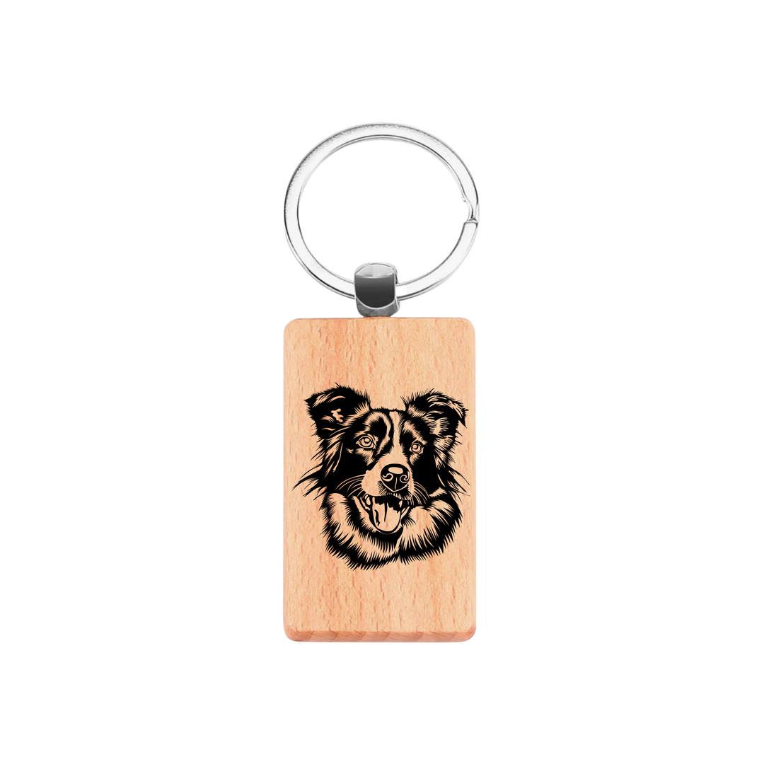 Border Collie Engraved Rectangle Wooden Keyring
