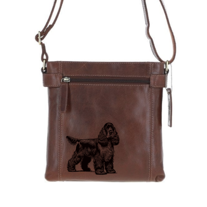 Cocker Spaniel Standing Engraved Leather Two Section Zip Top Crossbody Bag