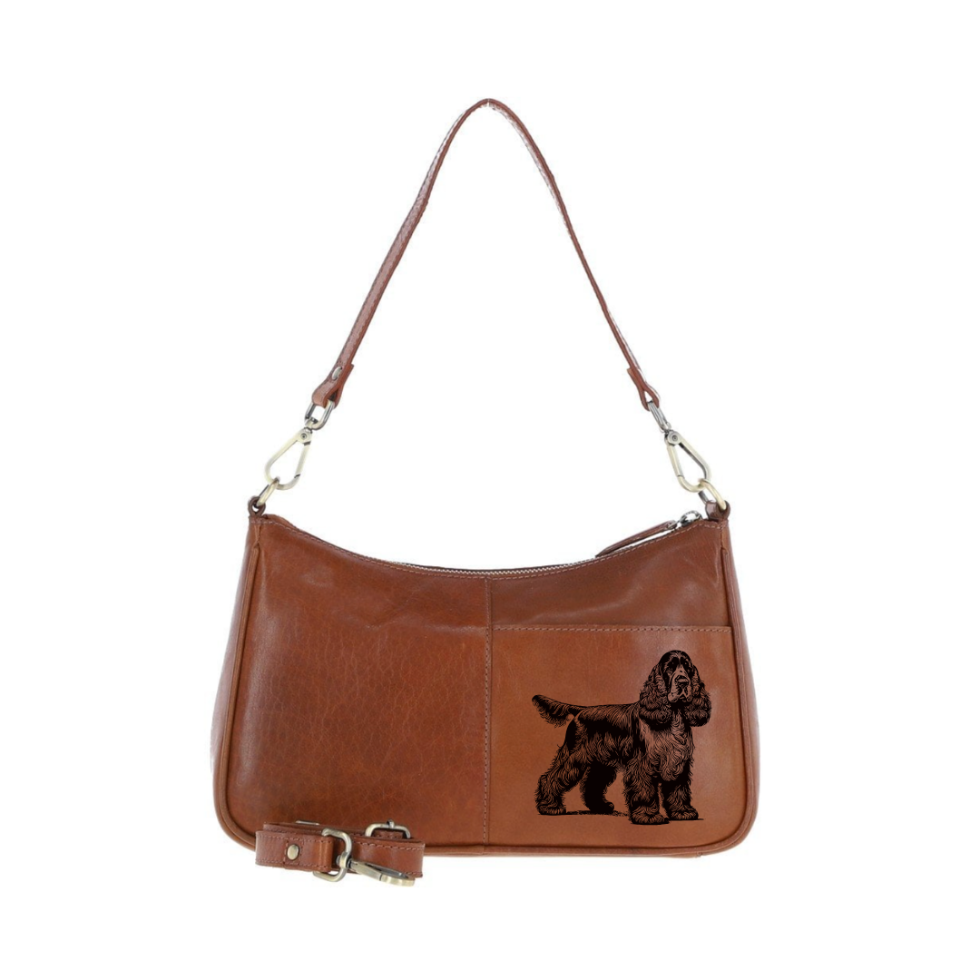 Cocker Spaniel Standing Engraved Genuine Leather Shoulder Bag