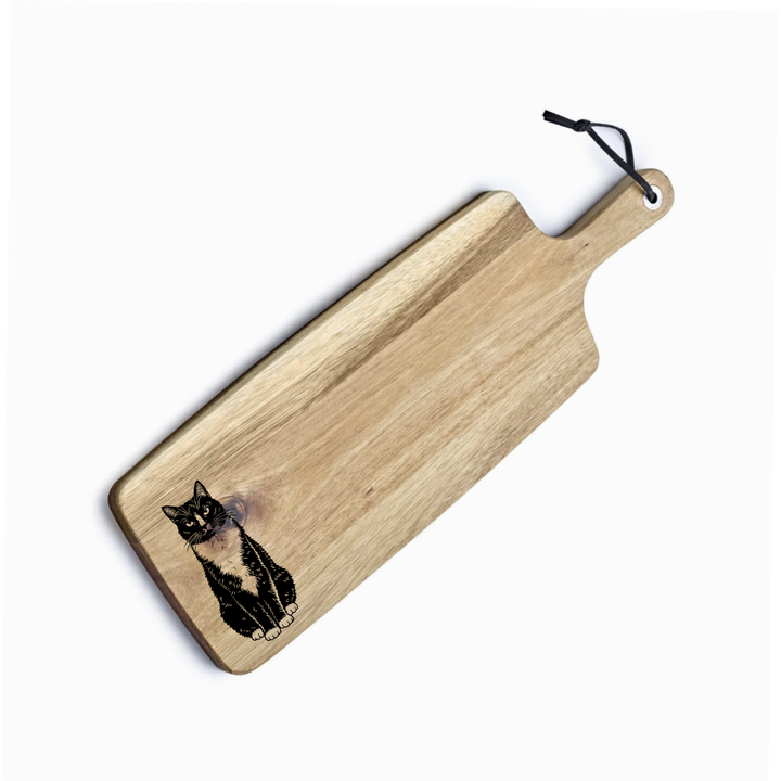 Personalised Tuxedo Cat Sitting Engraved Acacia Serving Board