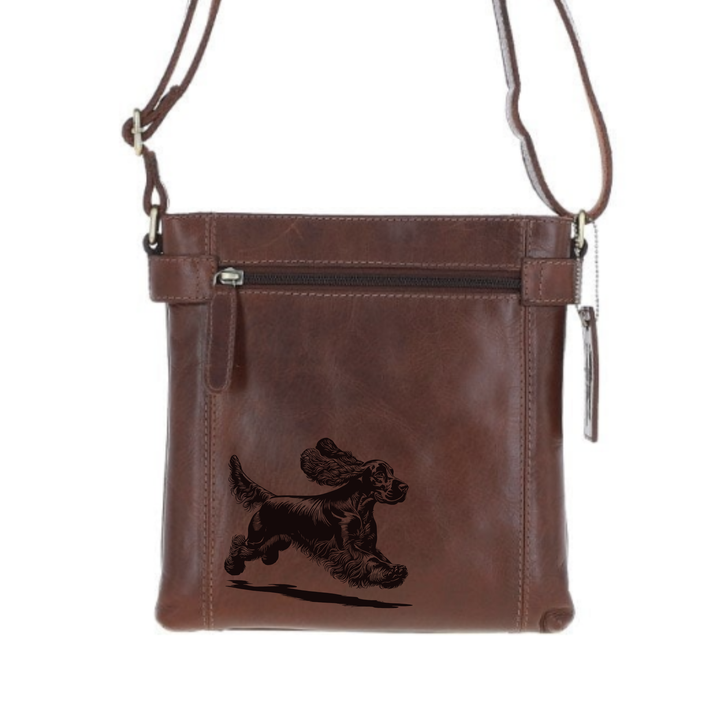 Cocker Spaniel Running Engraved Leather Two Section Zip Top Crossbody Bag