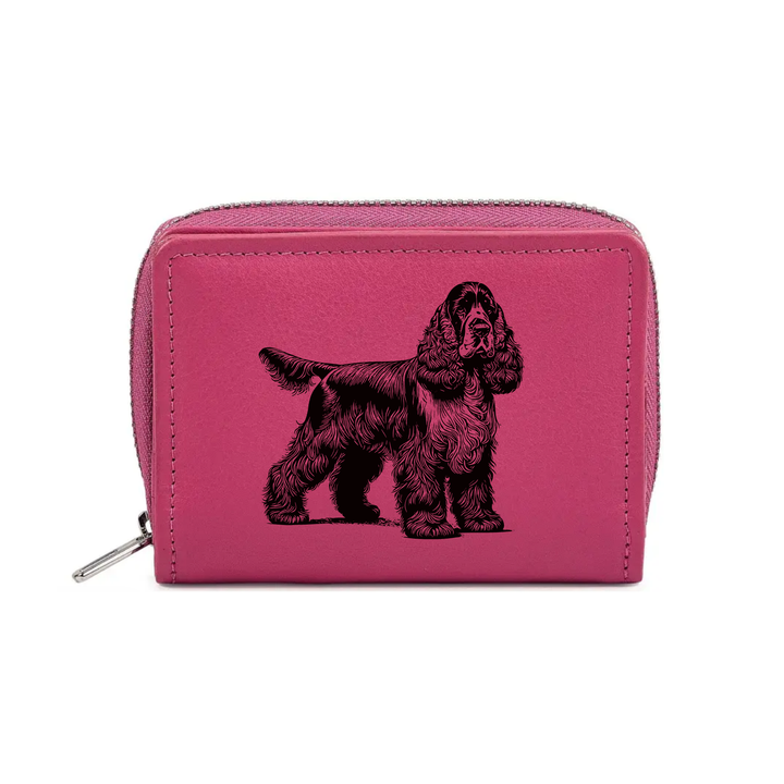 English Cocker Spaniel Standing Engraved Small Leather Purse (Green/Pink/Blue/Red)