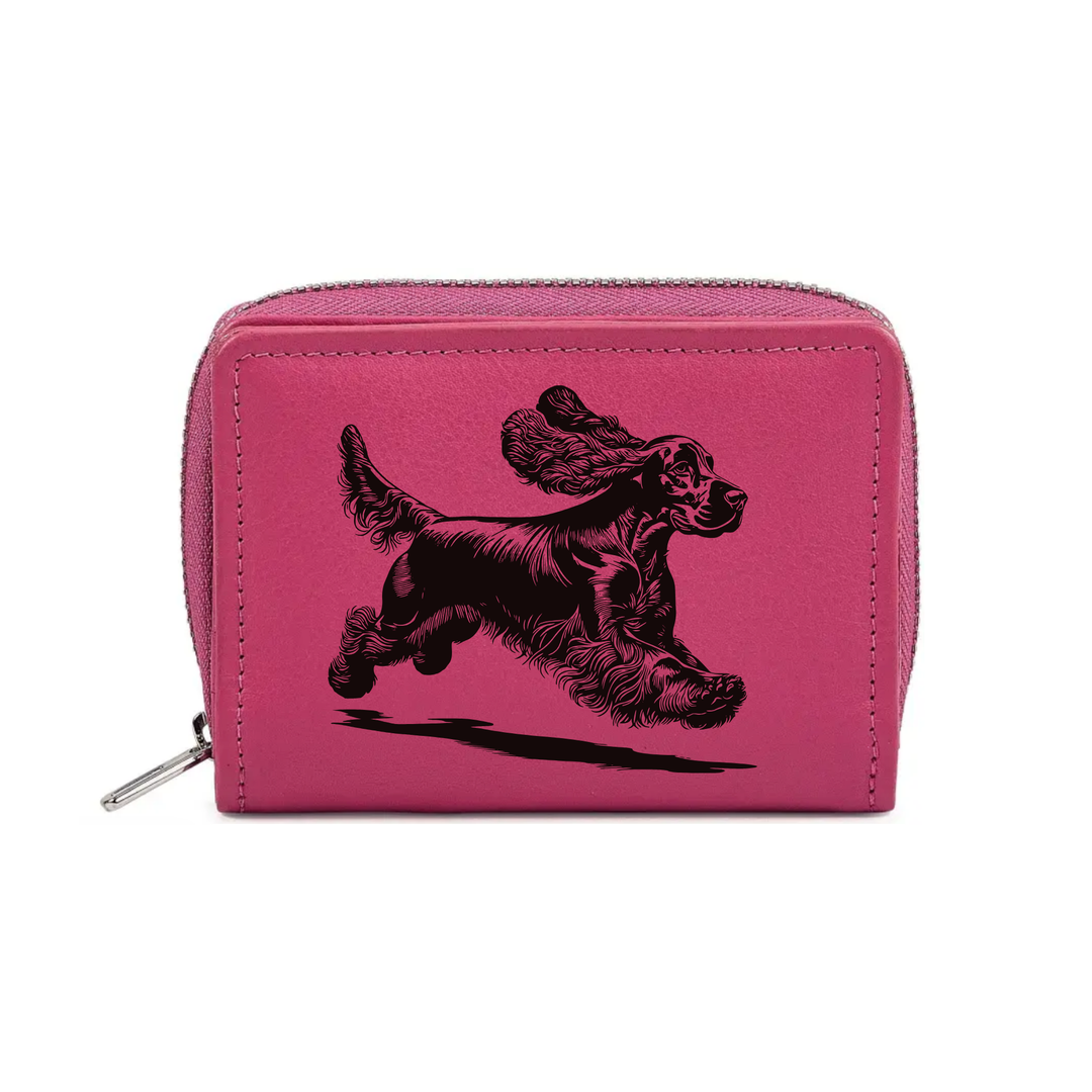 English Cocker Spaniel Running Engraved Small Leather Purse (Green/Pink/Blue/Red)