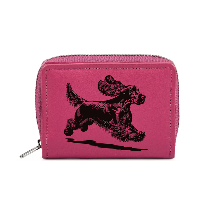 English Cocker Spaniel Running Engraved Small Leather Purse (Green/Pink/Blue/Red)