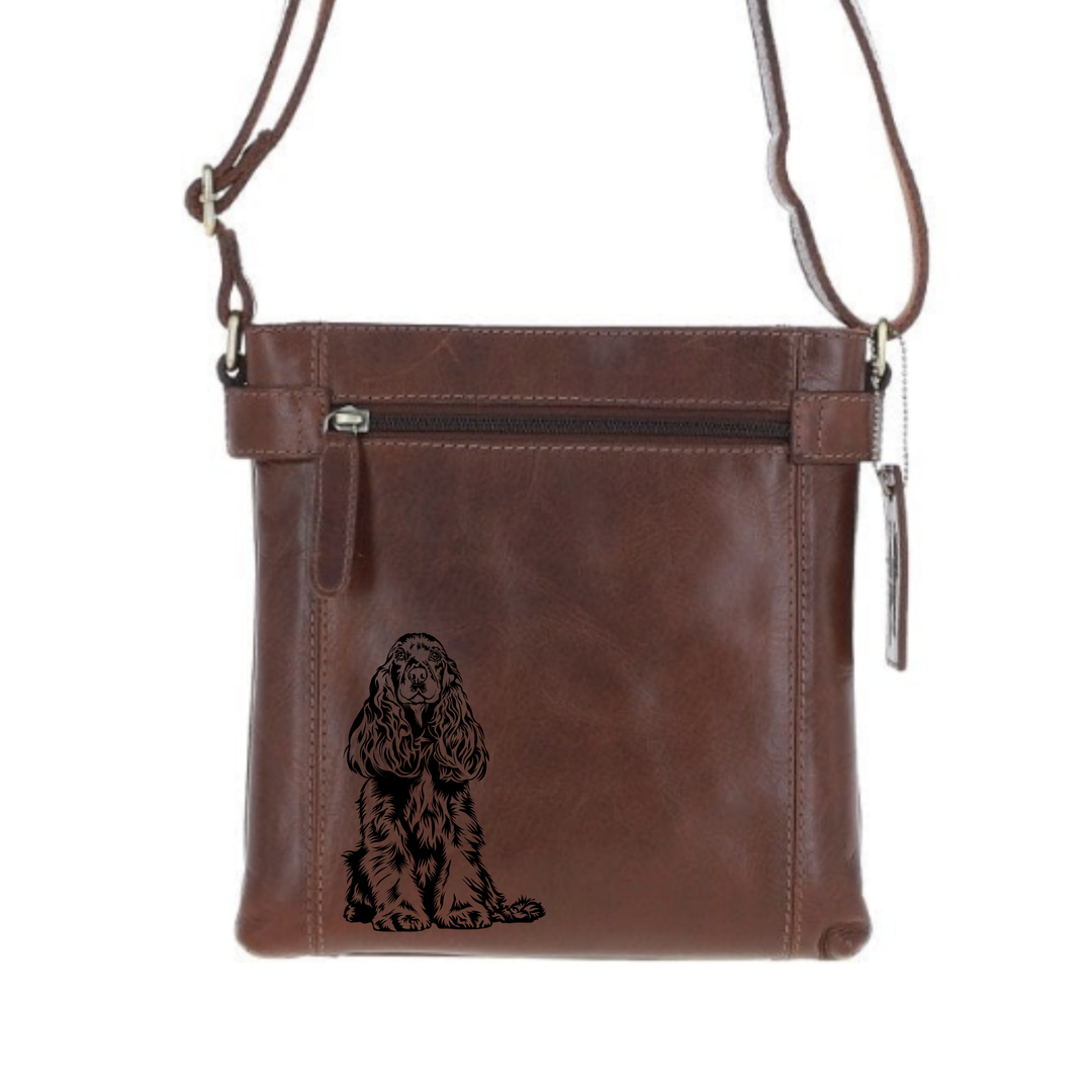 Cocker Spaniel Engraved Leather Two Section Zip Top Crossbody Bag