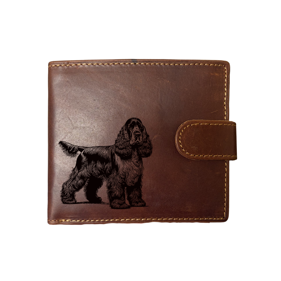 Personalised Cocker Spaniel Standing Engraved Dark Tan Genuine Leather Wallet
