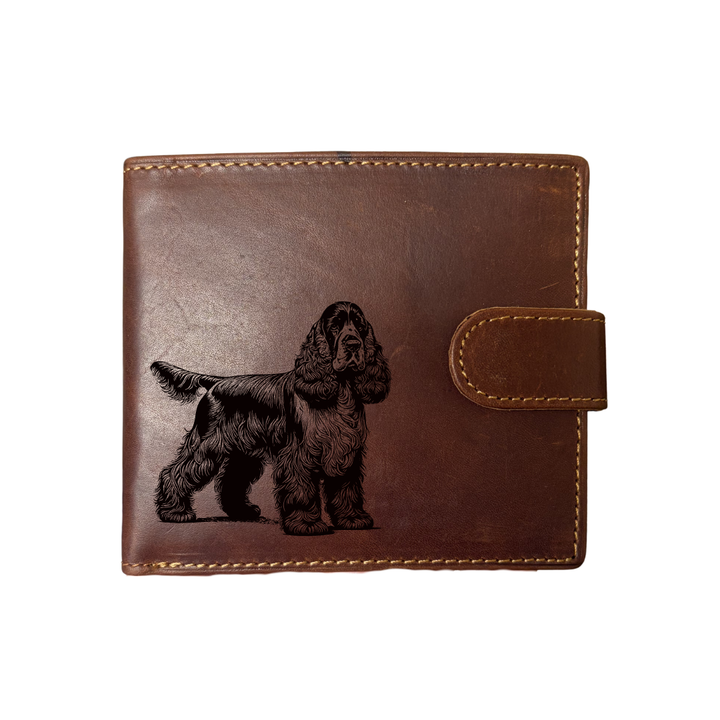 Personalised Cocker Spaniel Standing Engraved Dark Tan Genuine Leather Wallet
