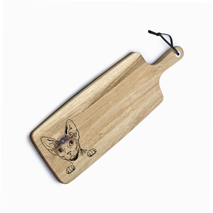 Personalised Sphynx Cat Face & Paws Engraved Acacia Serving Board