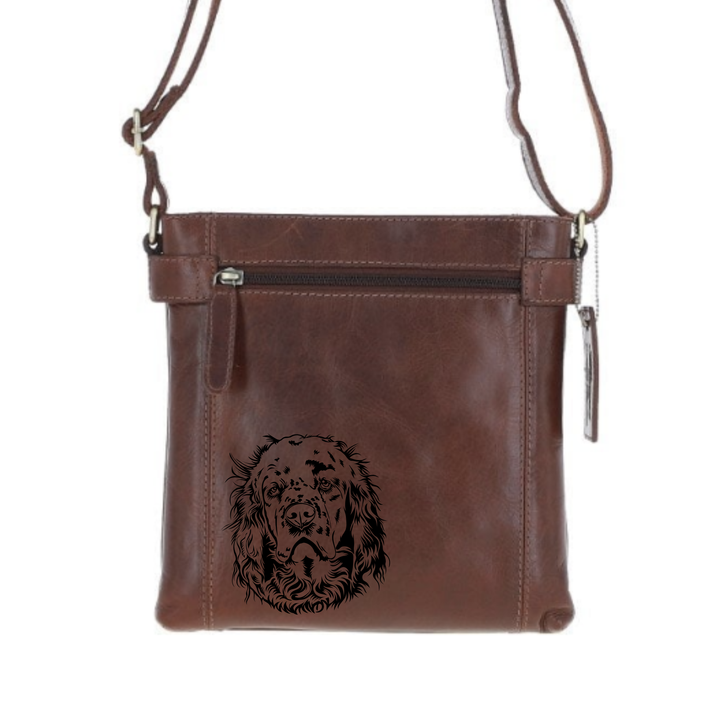 Clumber Spaniel Face Engraved Leather Two Section Zip Top Crossbody Bag