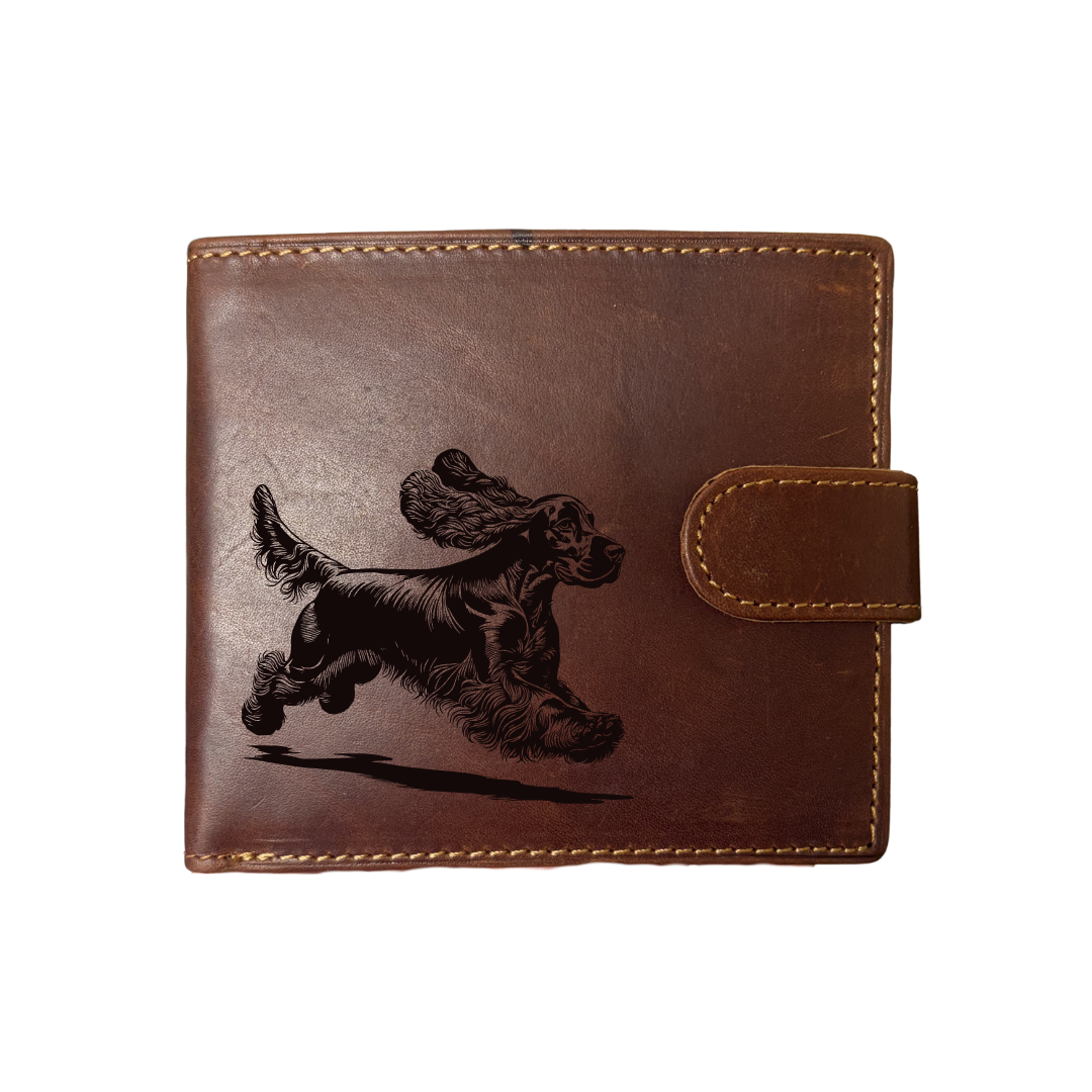 Personalised Cocker Spaniel Running Engraved Dark Tan Genuine Leather Wallet