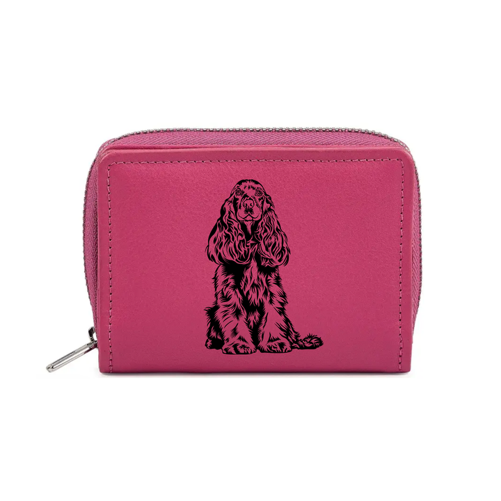 Cocker Spaniel Sitting Engraved Small Leather Purse (Green/Pink/Blue/Red)