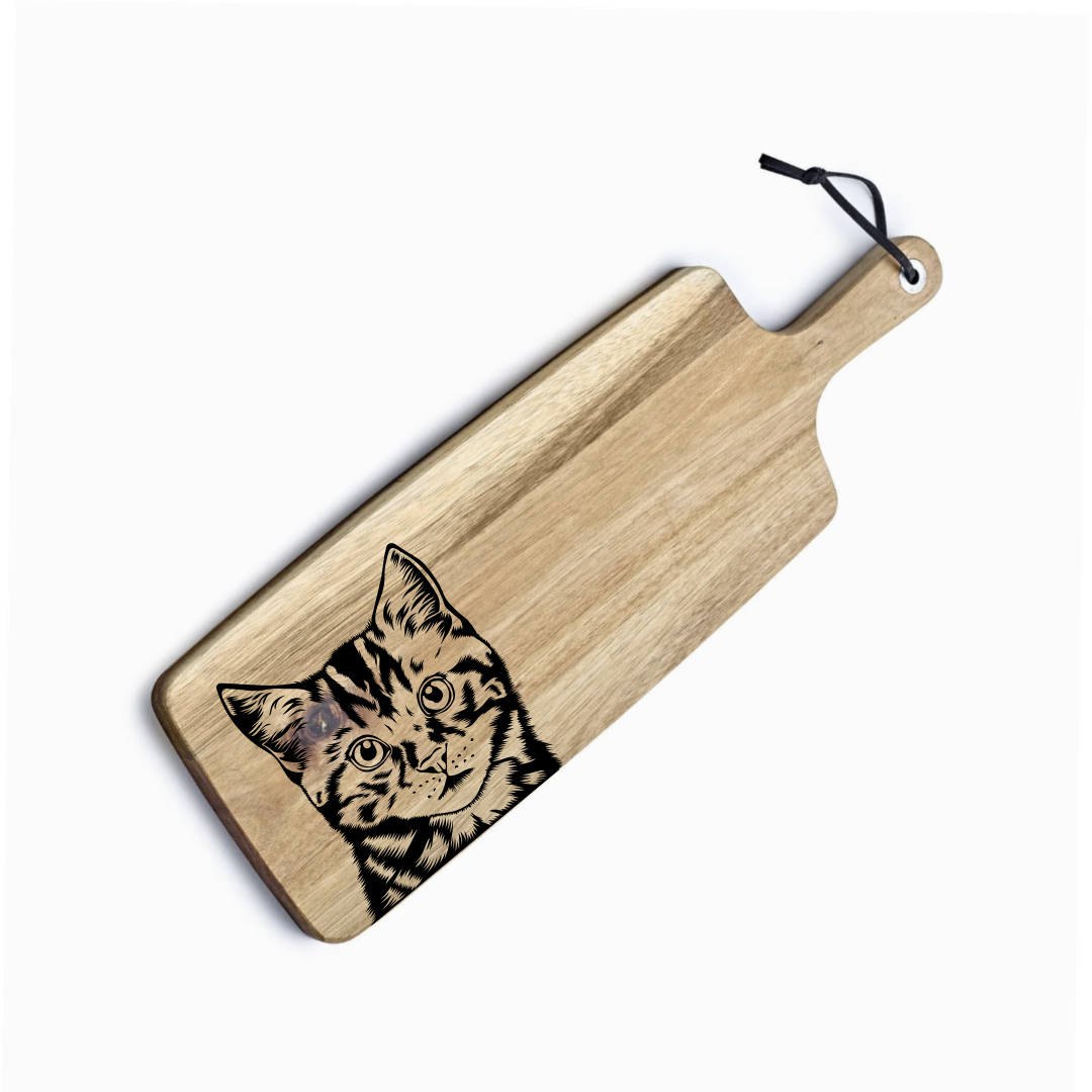 Personalised Tabby Cat Face Engraved Acacia Serving Board